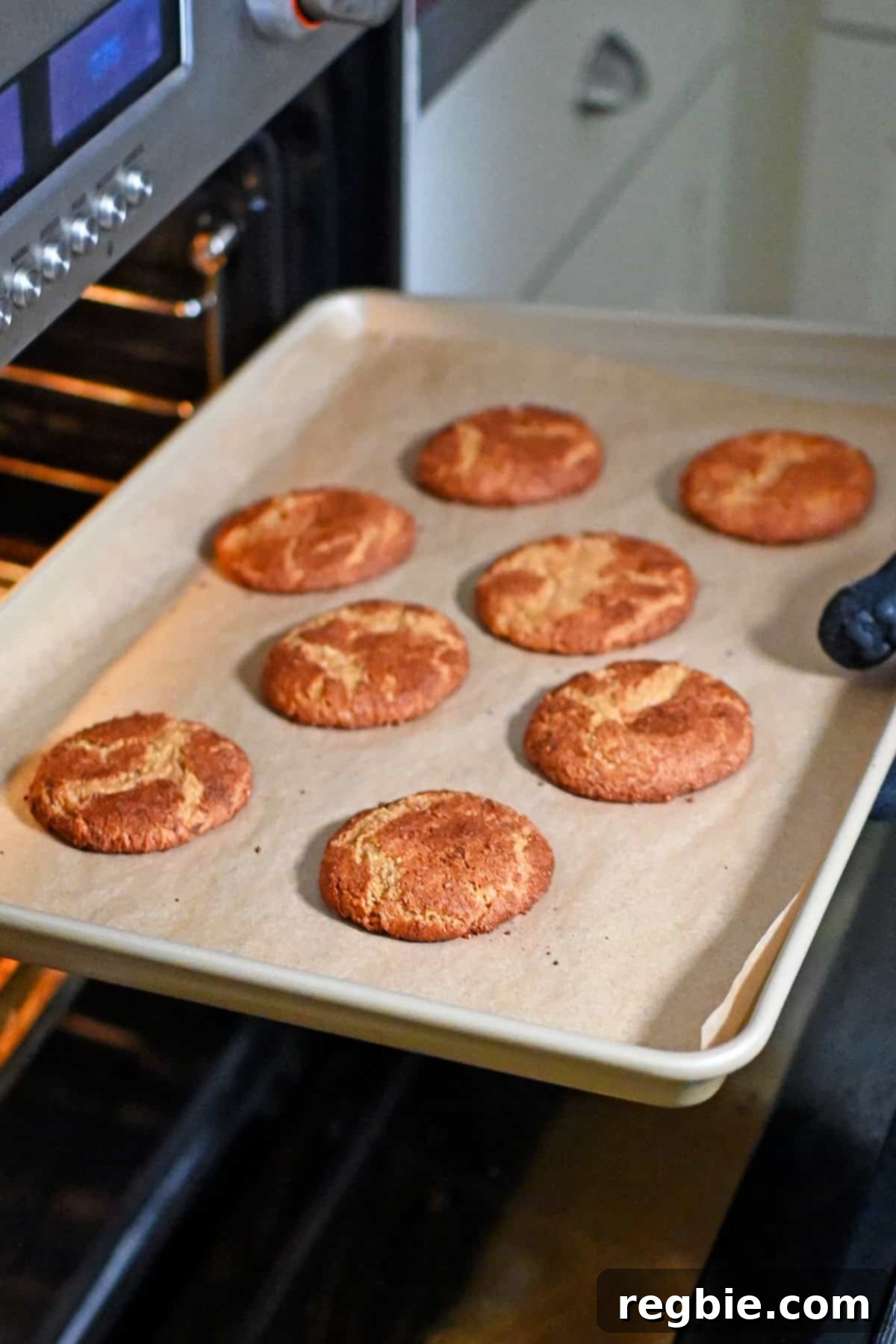 Taking a baking sheet with freshly baked pumpkin snickerdoodle cookies out of an oven.
