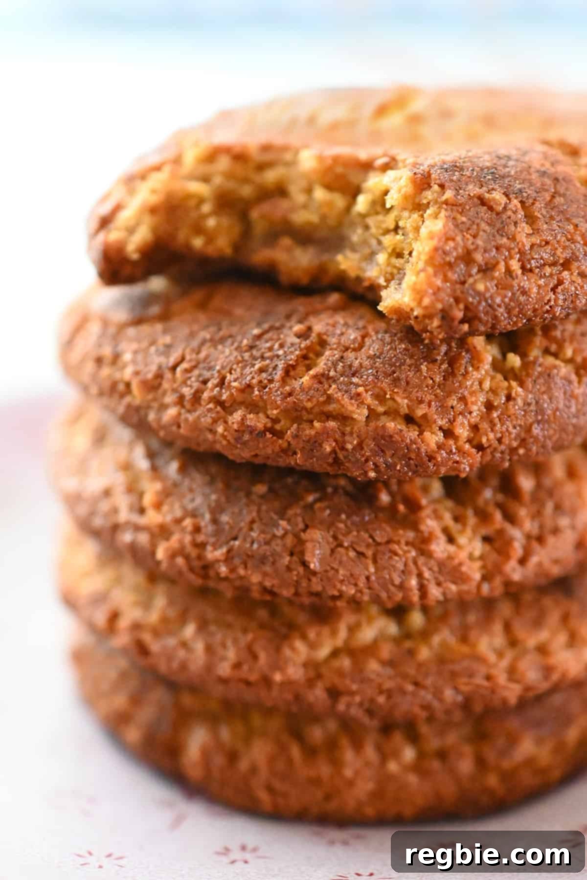 A stack of freshly baked pumpkin snickerdoodle cookies and the top cookie has a bite taken out of it.