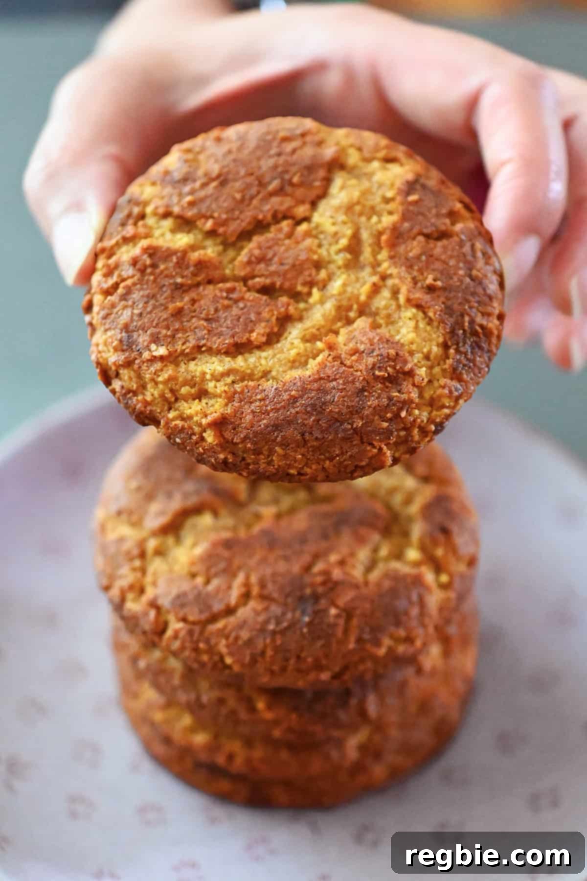A hand is grabbing a pumpkin snickerdoodle cookie from a stack of cookies on a pink plate.