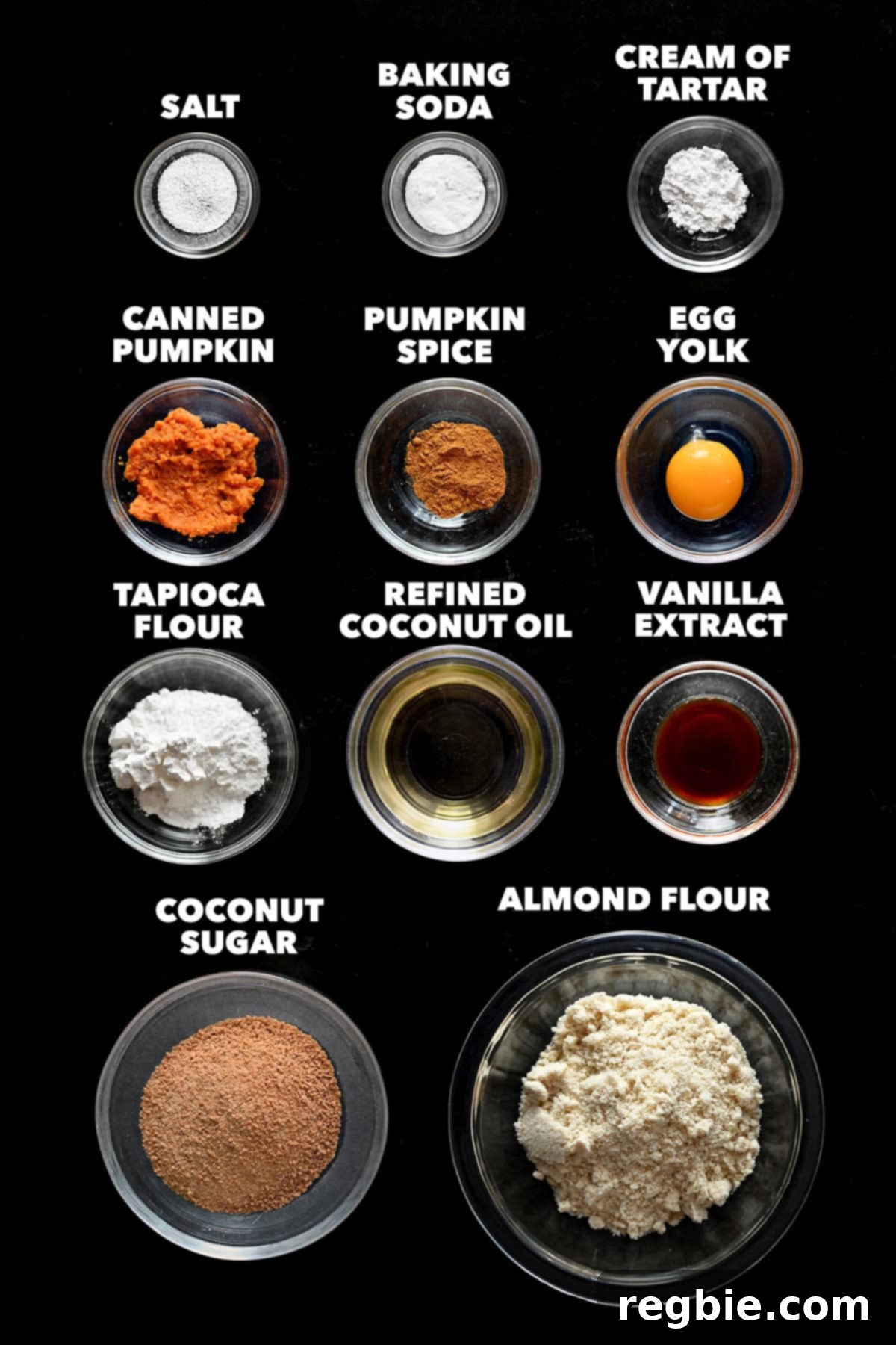 An overhead shot of the raw ingredients to make a paleo and gluten free pumpkin snickerdoodle.