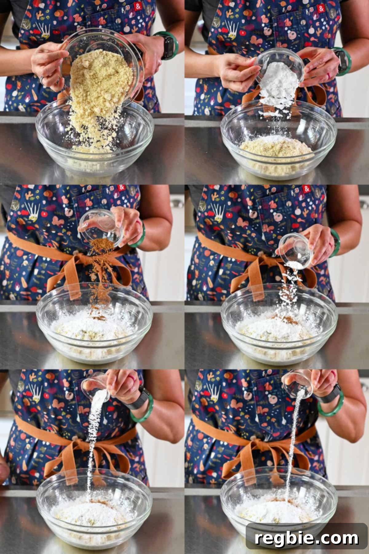 Adding the dry ingredients into a large glass bowl to make paleo and gluten free pumpkin snickerdoodle cookies.