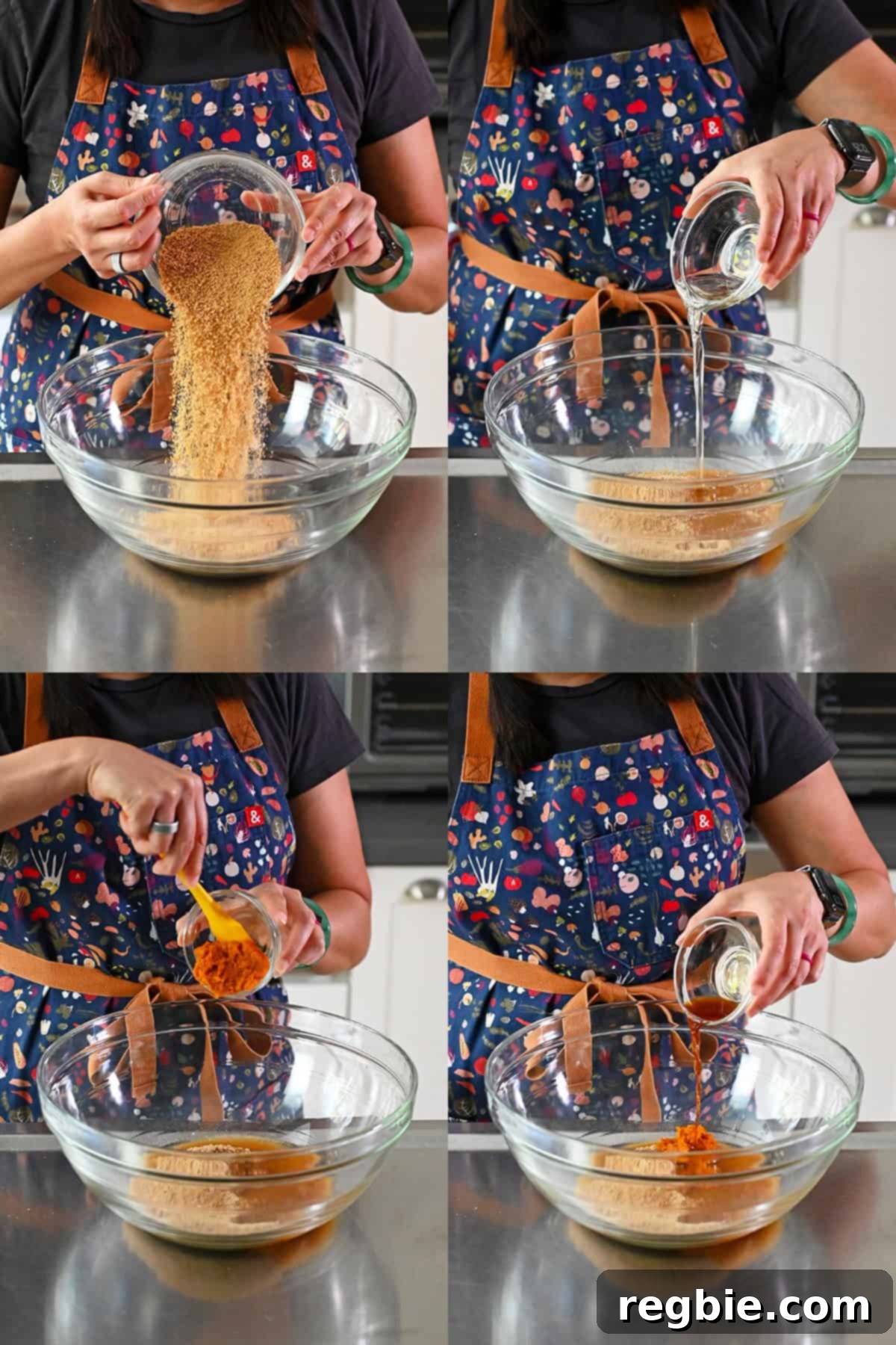 A woman in a blue apron is adding coconut sugar, melted coconut oil, pumpkin puree, and vanilla extract into a large glass mixing bowl to make pumpkin snickerdoodles.
