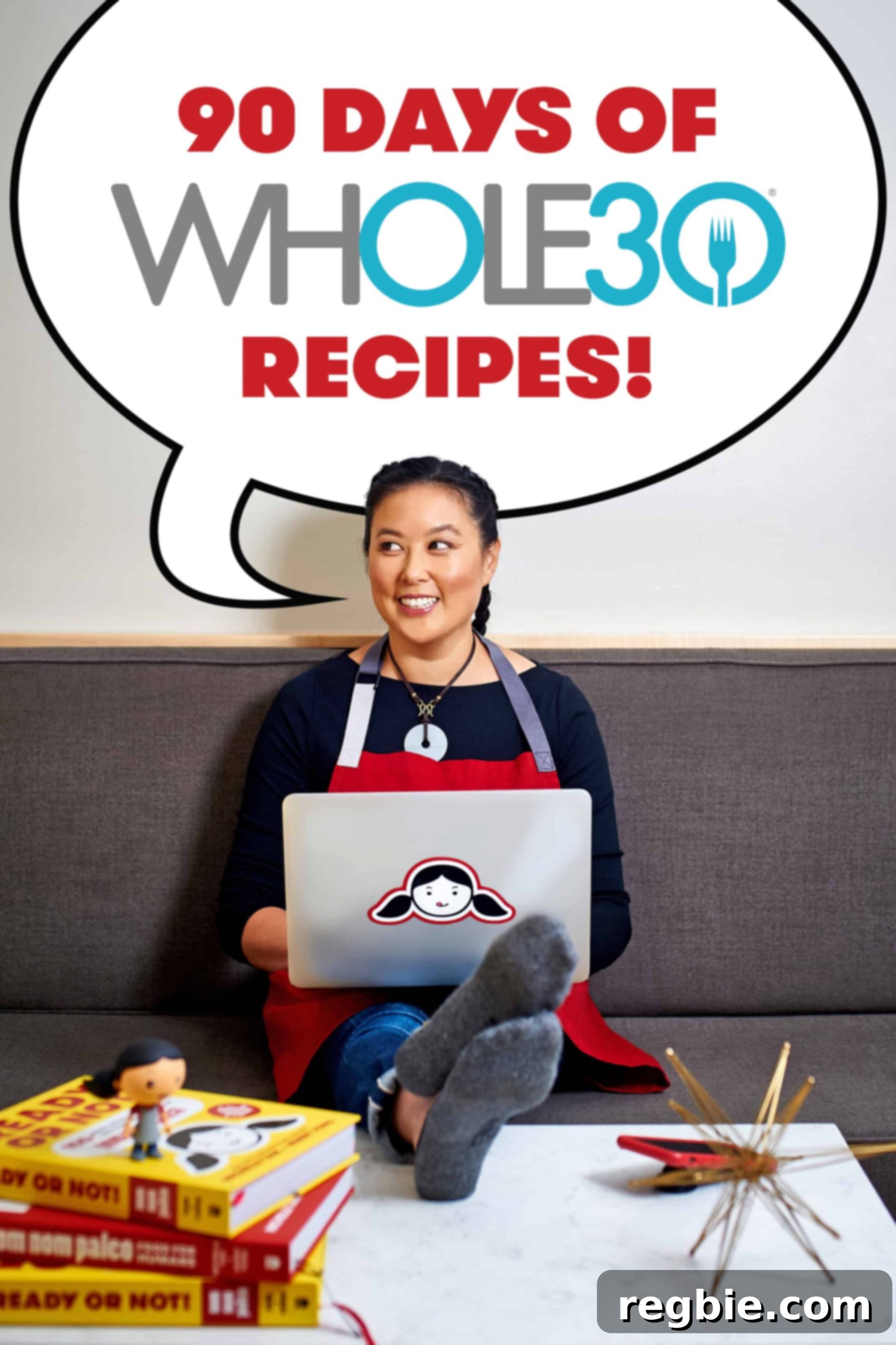 Michelle Tam of Nom Nom Paleo smiling with a speech bubble that reads '90+ Days of Whole30 Recipes'. A vibrant image signifying extensive Whole30 meal planning.