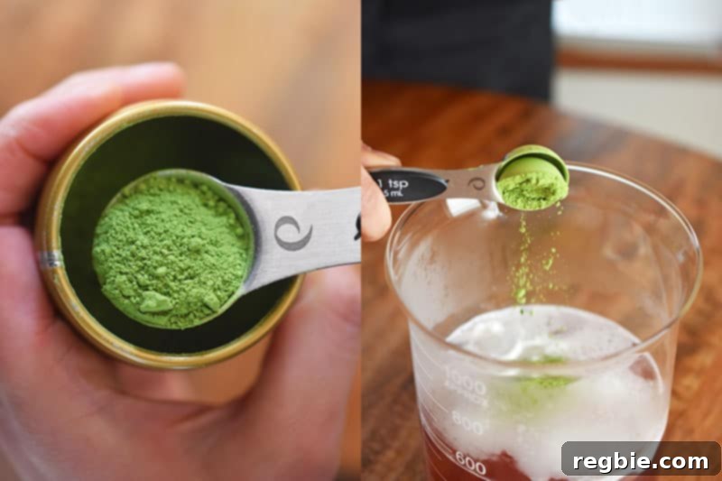 Matcha powder being carefully added to the coconut cream and warm coconut water mixture.