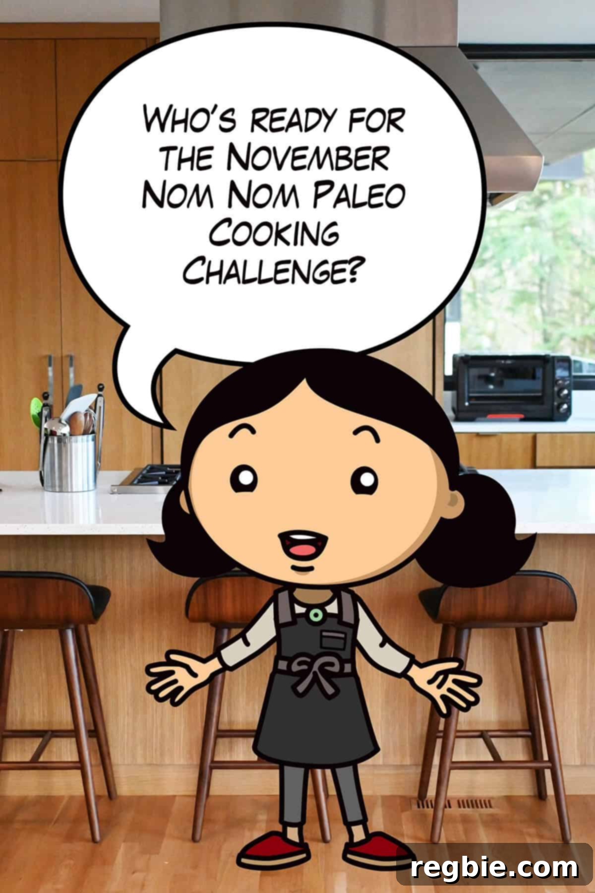 A cartoon Michelle Tam is announcing the November Nom Nom Paleo Cooking Challenge in a kitchen, inviting participants to a fun culinary adventure.