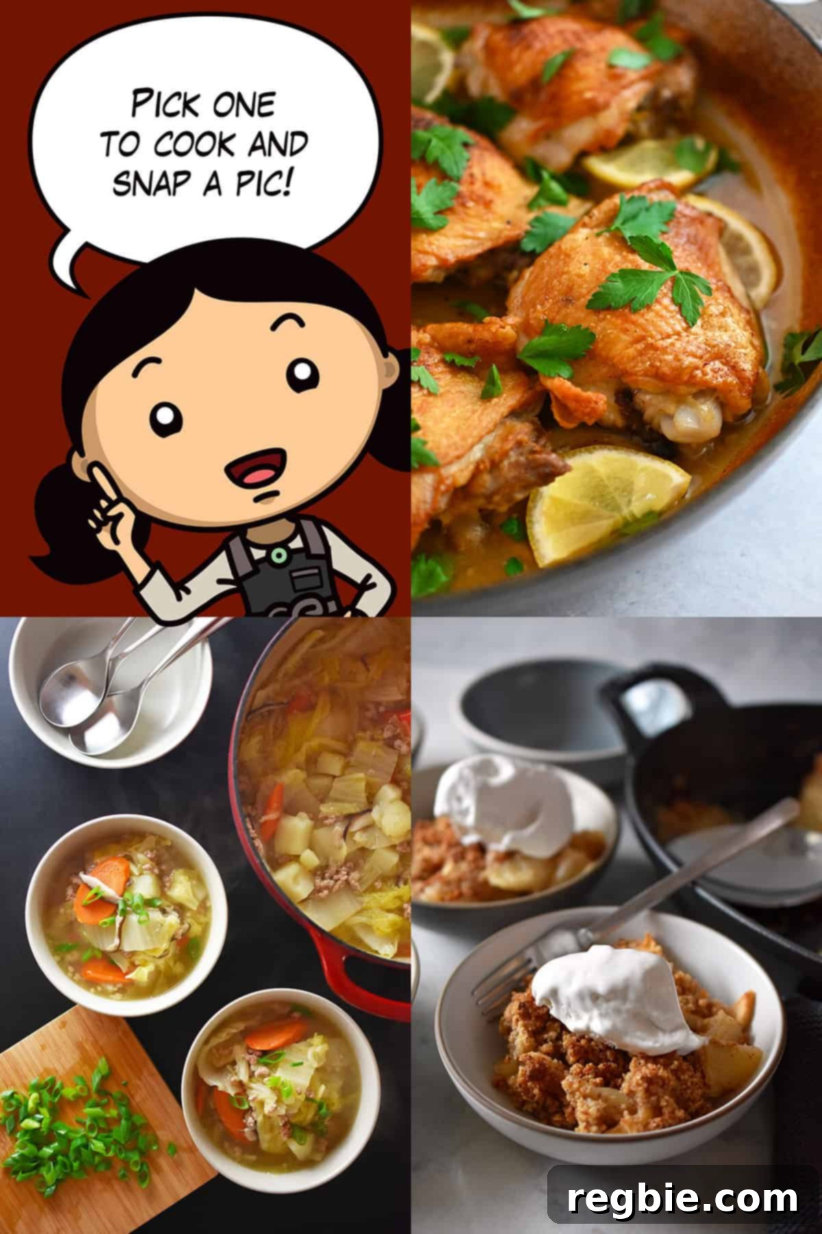 A cartoon Michelle Tam is pointing out the recipes in the November Cooking Challenge: Lemon Garlic Chicken, Napa Cabbage Soup, and Apple Crisp, encouraging participants to choose wisely.