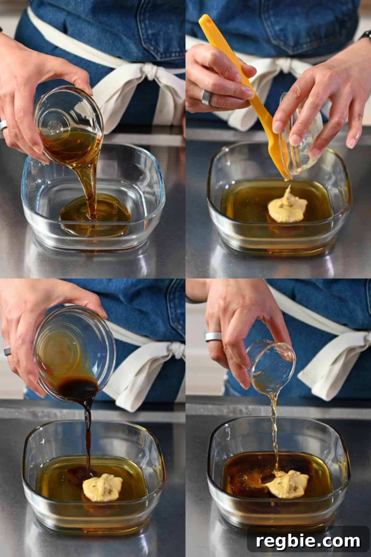 Four sequential steps that show someone adding maple syrup, dijon mustard, coconut aminos, and apple cider vinegar into a square container for the turkey meatball glaze.