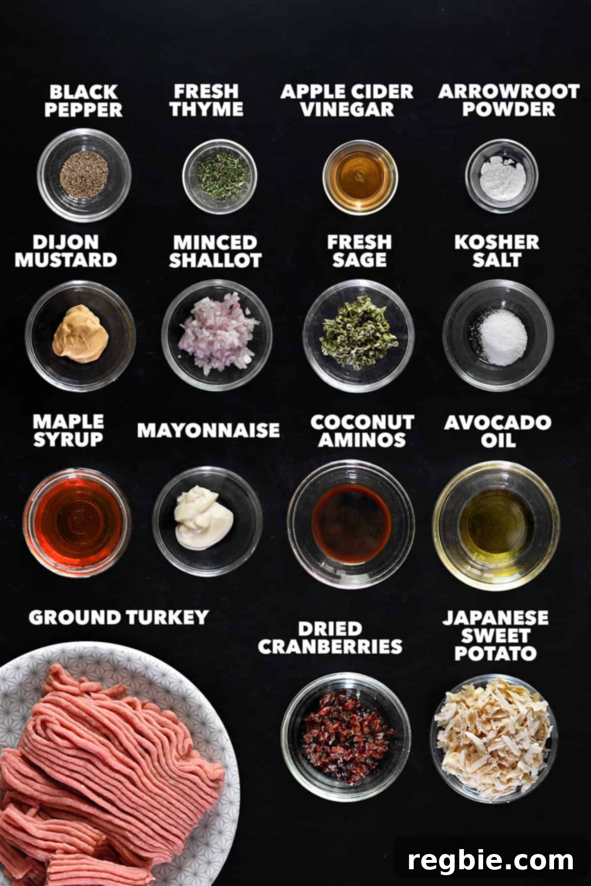 An overhead shot of the raw ingredients to make cranberry turkey meatballs topped with a maple dijon mustard glaze.