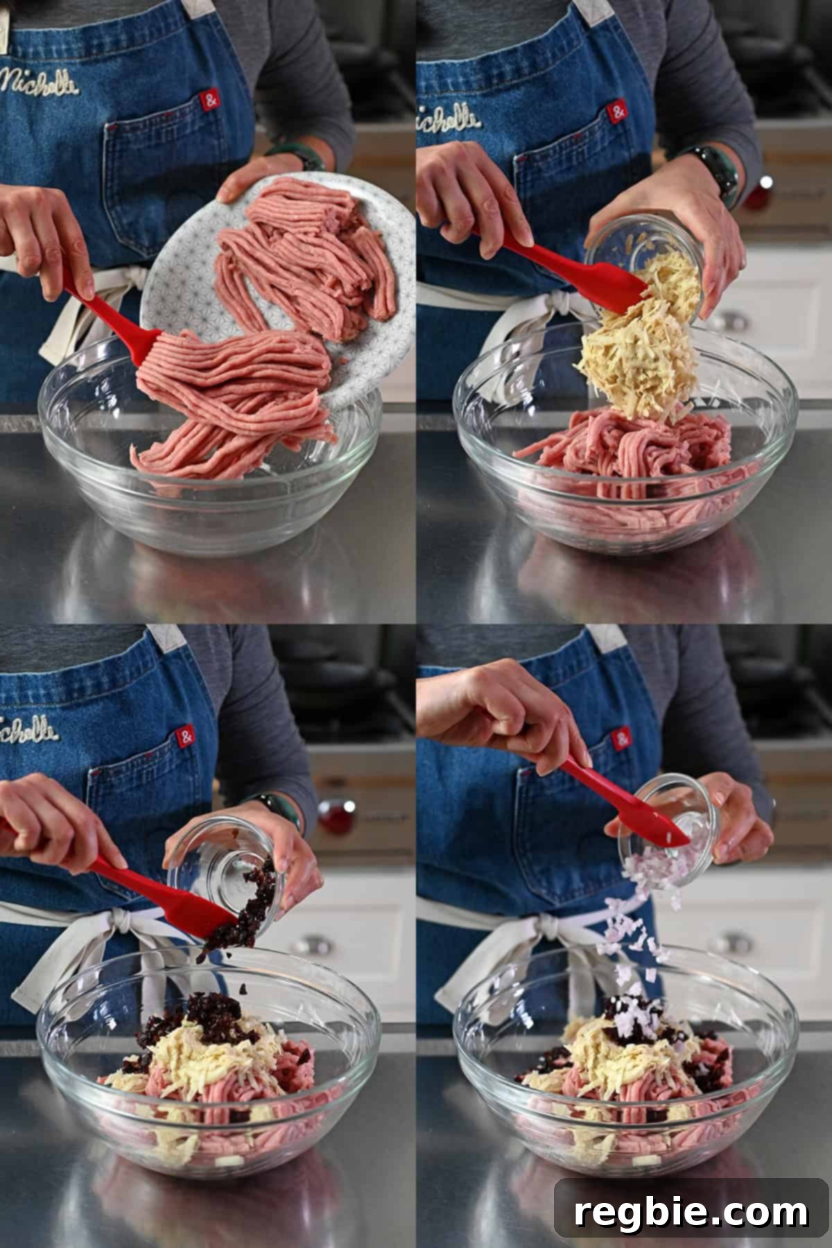 Adding ground turkey, shredded Japanese sweet potato, dried cranberries, and minced shallot to a glass mixing bowl to make cranberry turkey meatballs.