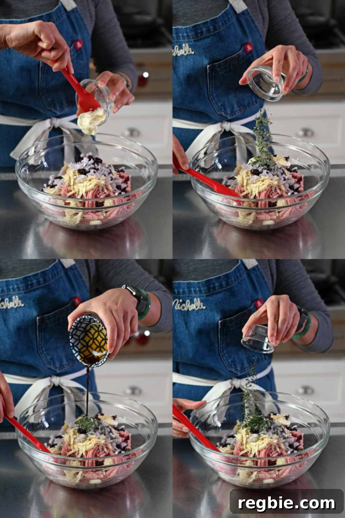 Adding mayonnaise, chopped sage, coconut aminos, and minced thyme to a mixing bowl filled with ingredients to make cranberry turkey meatballs.