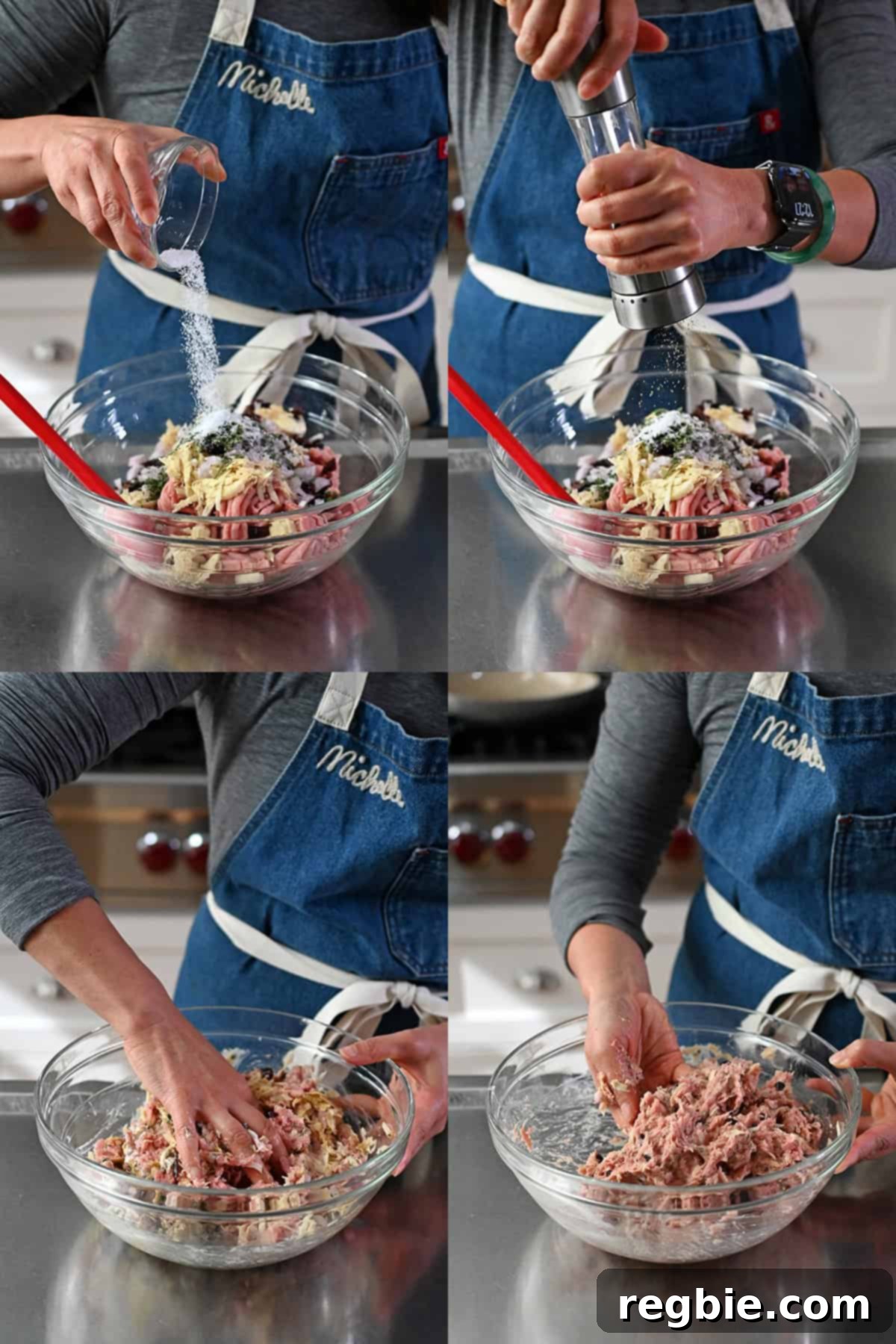 Adding salt and pepper to the bowl with cranberry turkey meatballs and then mixing everything together by hand.