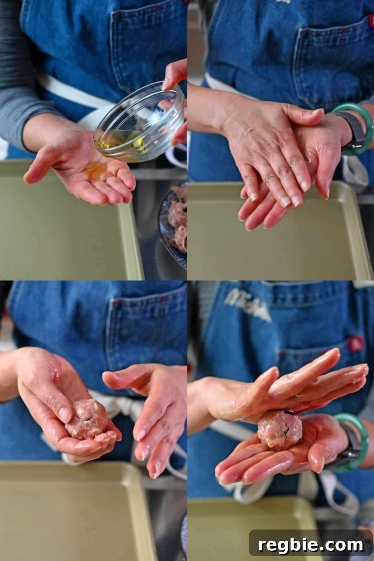 Adding some oil to clean hands before rolling the cranberry turkey meatballs into perfect spheres.
