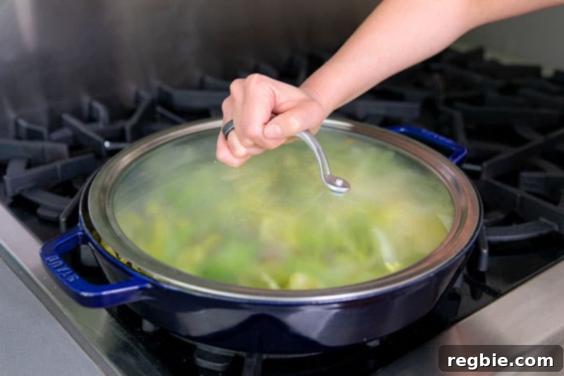 One Pan Beef Cabbage Wonder 12 A covered pan gently steams with a delicious 'garbage stir-fry,' featuring a hearty blend of paleo, keto, and Whole30 ground beef and curried cabbage for a satisfying one-pan supper.