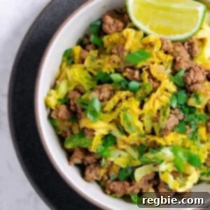 An overhead shot of an Indian-inspired beef and cabbage stir-fry with a lime wedge on the side.