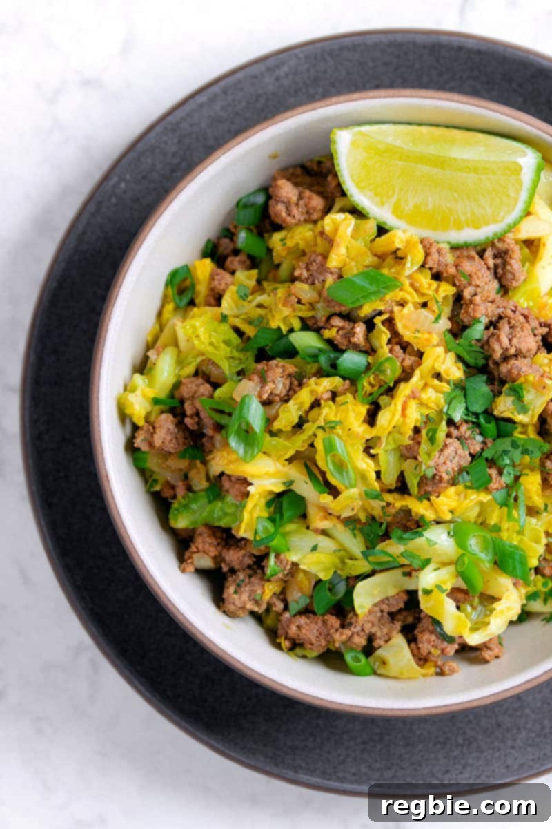 One Pan Beef Cabbage Wonder 3 An inviting overhead shot of a vibrant Indian-inspired ground beef and cabbage stir-fry, beautifully garnished with fresh lime wedges and cilantro, ready to be enjoyed.