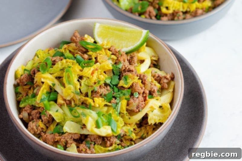 One Pan Beef Cabbage Wonder 5 A tempting closeup shot of a rich brown bowl generously filled with a flavorful keto and paleo 'garbage stir-fry,' showcasing a delightful ground beef and curried cabbage supper.