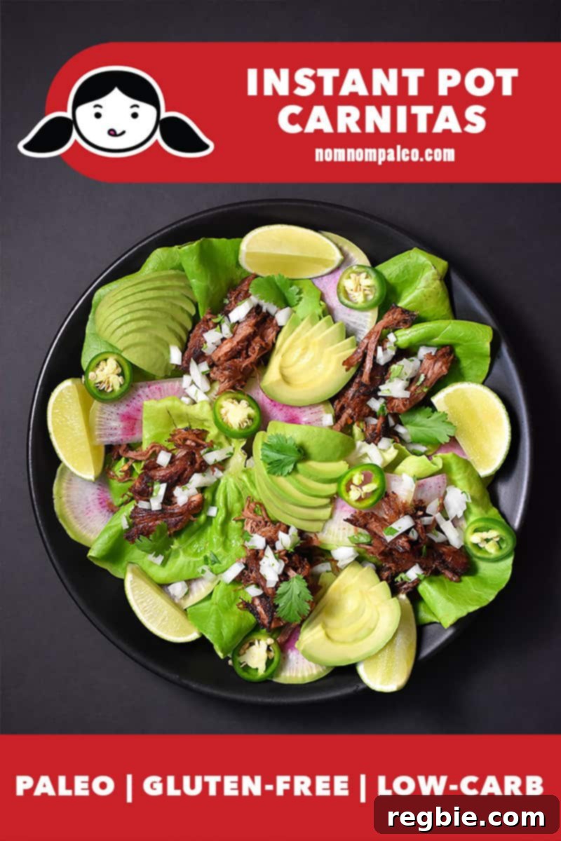 A vibrant platter showcasing Nom Nom Paleo Instant Pot Carnitas, elegantly arranged with fresh lettuce leaves, finely diced white onion, bright jalapeños, creamy sliced avocados, and zesty lime wedges. A red banner at the bottom highlights its paleo, gluten-free, and low carb status.