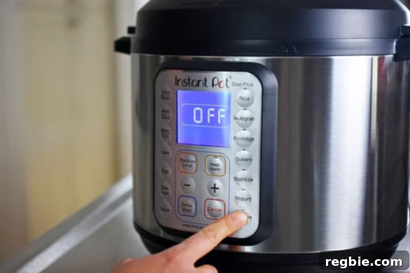 The front display panel of an Instant Pot Duo Plus, set to cook, demonstrating the device ready for pressure cooking delicious carnitas.