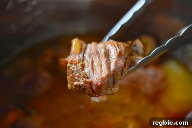 A pair of tongs holding a perfectly cooked, tender cube of Instant Pot Carnitas, demonstrating its readiness for shredding.