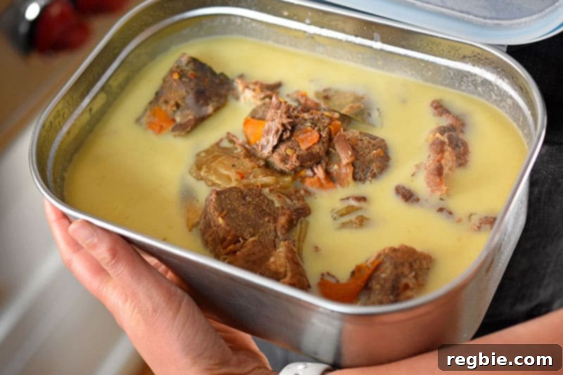 A stainless steel container of Instant Pot Carnitas, chilled from the refrigerator, showing the solidified fat cap on top of the flavorful shredded pork.