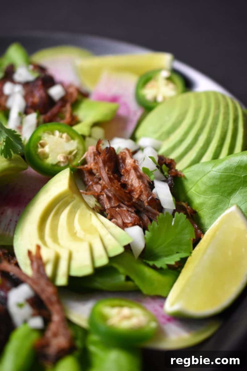 A tantalizing close-up shot of perfectly cooked Instant Pot Carnitas, ready to be enjoyed. Each piece promises juicy tenderness with a hint of crispy texture.