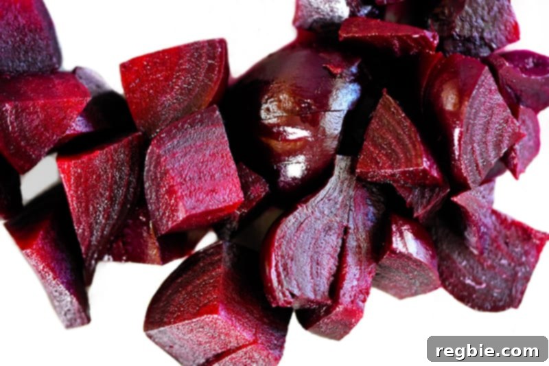 Perfect Instant Pot Beets 3 A pile of cooked, peeled, and chopped beets.