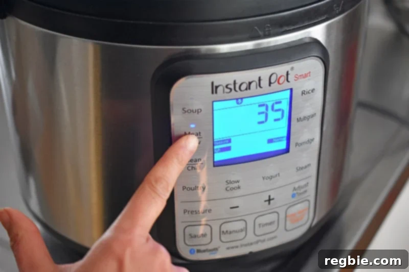 Programming the Instant Pot to cook for 35 minutes under high pressure 