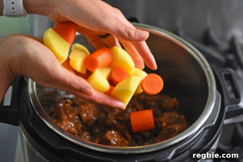 Adding cubed carrots and potatoes to Instant Pot Beef Stew 