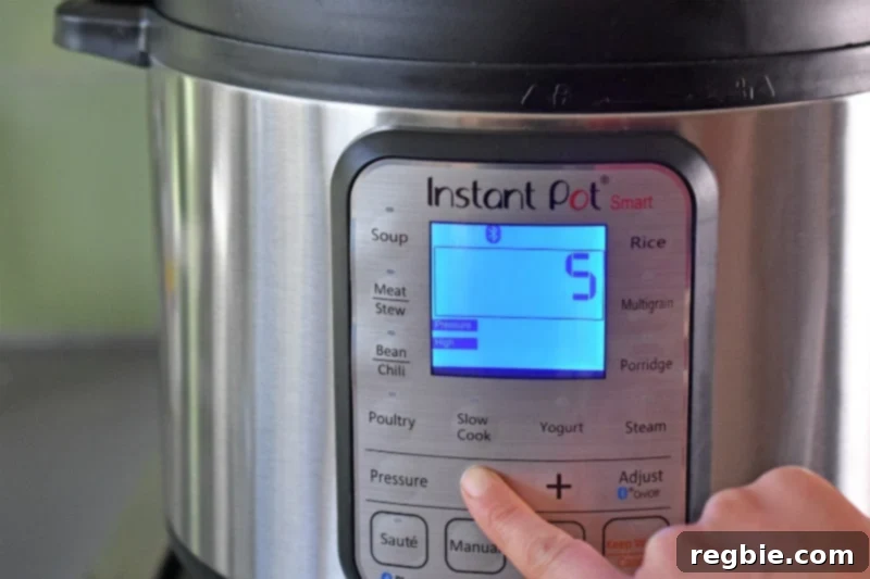 Programming the Instant Pot to cook for 5 minutes under high pressure