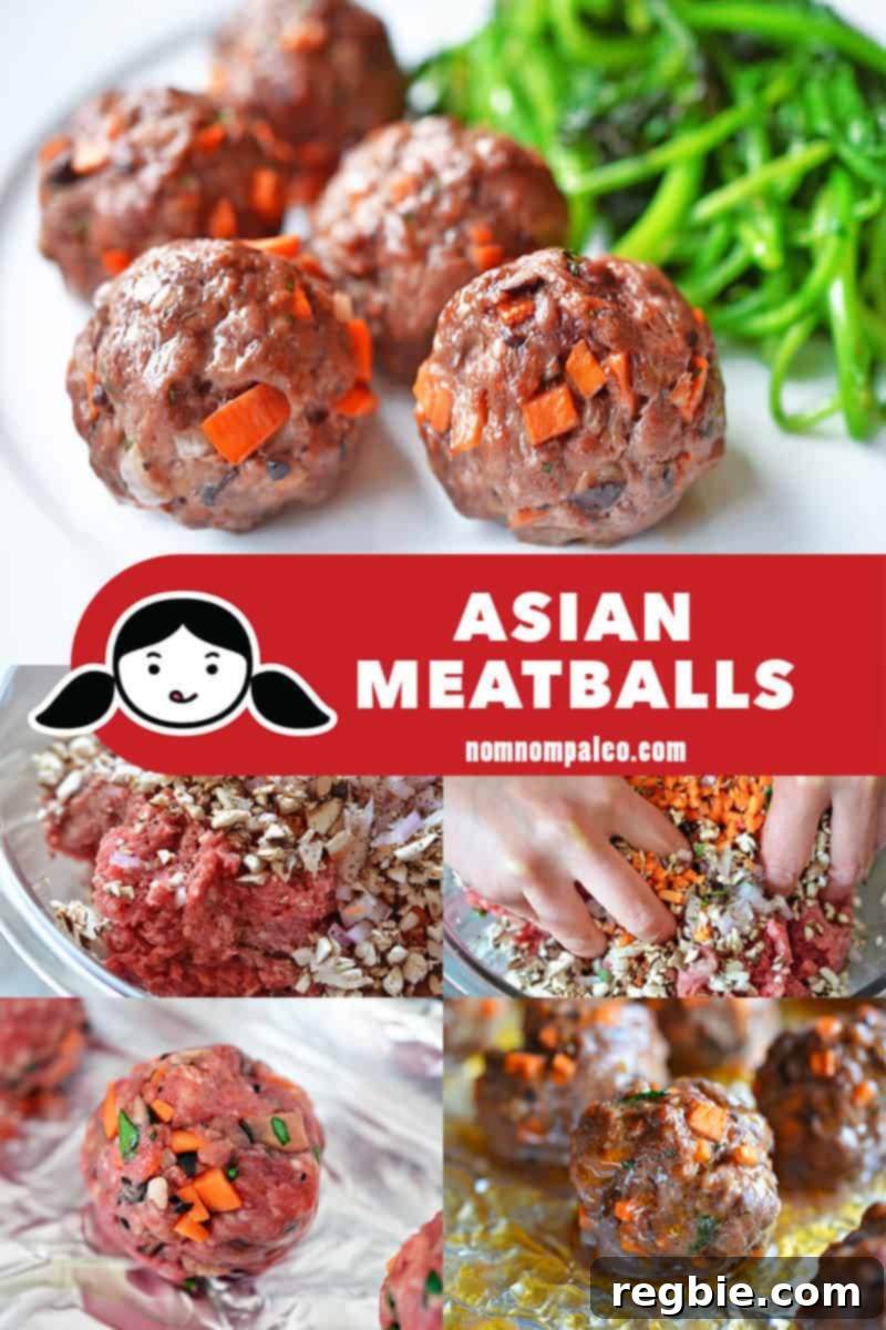 Sticky Glazed Asian Meatballs 3 A vibrant collage depicting the step-by-step process of making Paleo Asian Meatballs, from mixing ingredients to shaping and finally baking them to golden perfection.