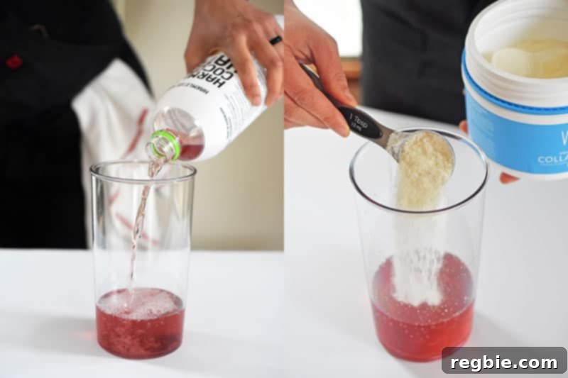 Refreshingly Cool Whole30 Dairy-Free Iced Matcha Latte 5 Pouring naturally pink coconut water into a blending cup and scooping collagen peptides for the Iced Matcha Latte.