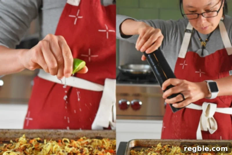 Adding fresh lime juice and freshly cracked black pepper to Crispy Swoodles with Bacon.