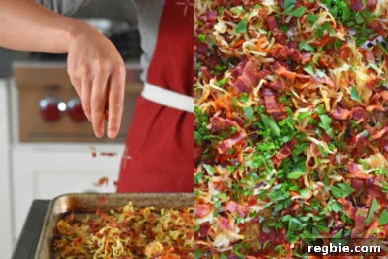Adding bacon bits and fresh herbs to Crispy Swoodles.