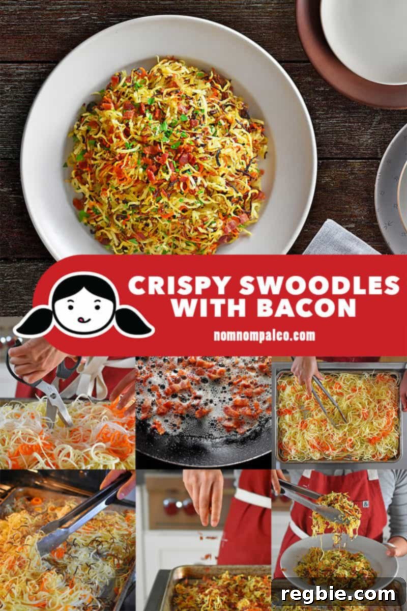 A collage of the cooking to make Crispy Swoodles with Bacon.