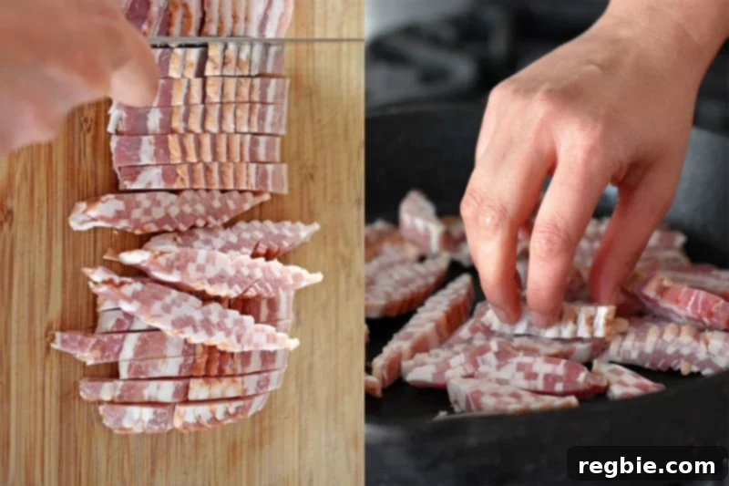 Raw bacon sliced crosswise into 1/2-inch pieces and placed in a large cast iron skillet.