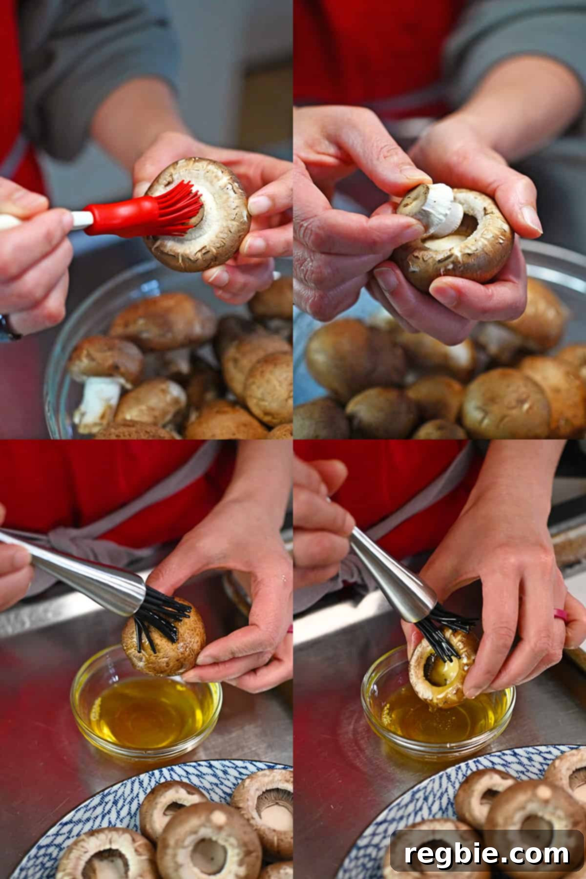 A close-up view of hands expertly removing the stem from a fresh cremini mushroom, preparing it for stuffing.