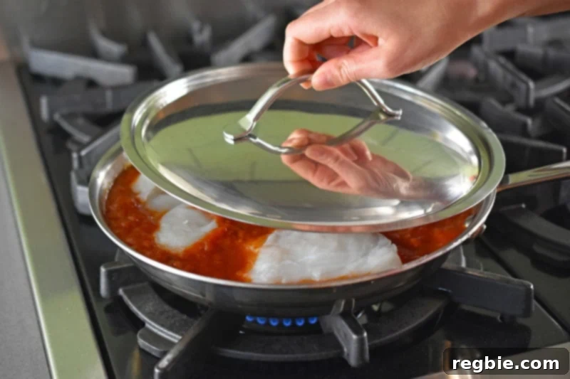 Quick Tomato Poached Cod One-Pan Meal 11 A close-up shot of a sleek lid being securely placed onto a stainless steel skillet, which contains cod fillets gently poaching in marinara sauce. This image emphasizes the importance of covering the pan for even and efficient cooking.