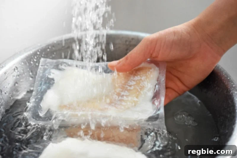 Quick Tomato Poached Cod One-Pan Meal 4 Individually quick frozen cod fillets are shown defrosting under a gentle stream of cool running water in a kitchen sink. This image highlights a practical, quick thawing method for frozen fish, ensuring convenience for busy cooks.