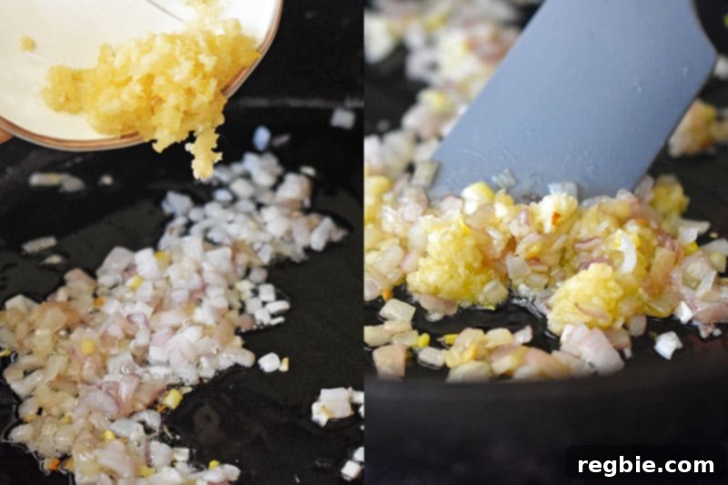 Adding minced garlic to the sautéed diced shallots in the pan.