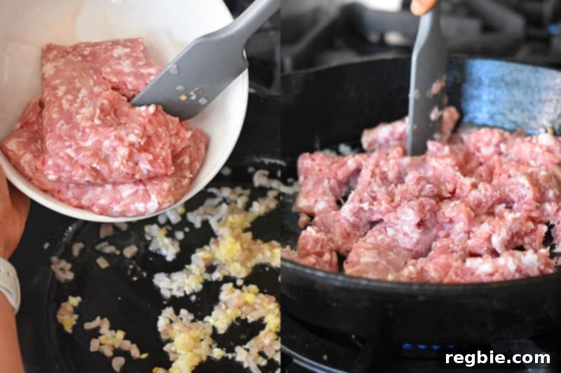 Adding two pounds of ground pork to the frying pan.