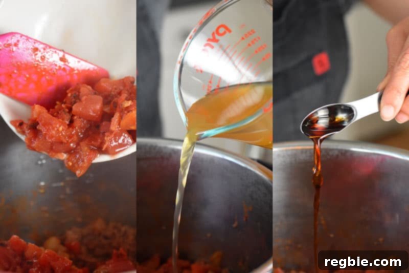 Three side by side images of drained diced tomatoes, broth, and fish sauce being added to an open Instant Pot.