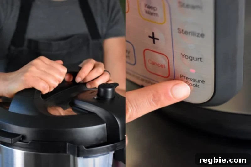 In the image on the left, two hands are shown locking the lid on an Instant Pot. In the image on the right, there is a closeup of a finger pressing the Pressure Cook button on an Instant Pot display panel.