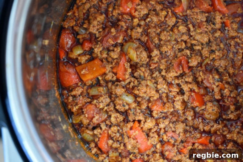 An overhead shot of Instant Pot Ground Beef Chili right after it is down cooking under pressure. 