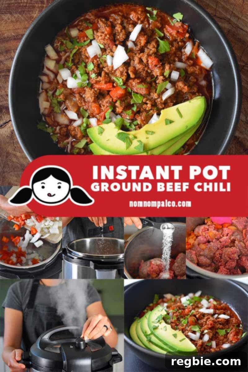 A collage showing various cooking steps involved in making Instant Pot Ground Beef Chili, from sautéing to mixing ingredients.