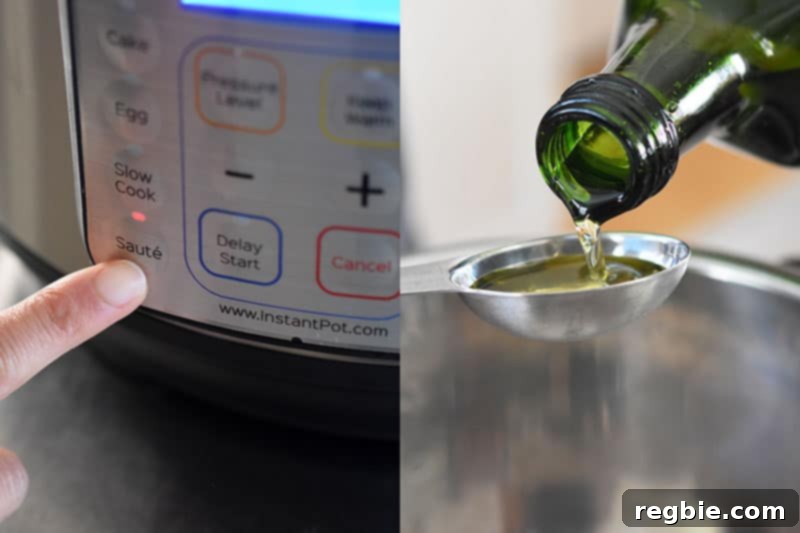 The image on the left is a close up of the Instant Pot display panel with a finger pressing the Sauté button. On the right, there is a close up of a bottle of avocado oil being poured into a measuring spoon above an Instant Pot.