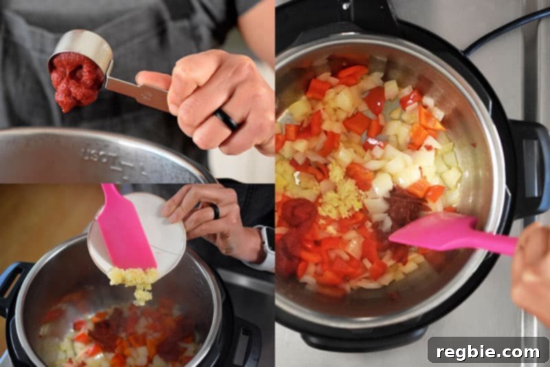 There are three images in a collage. In the top left image, a woman is adding two tablespoons of tomato paste into an open Instant Pot. In the image on the bottom left, a pink silicone spatula is pushing some minced garlic from a small plate into an open Instant Pot filled with diced onions, red bell peppers, and tomato paste. In the image on the right, there is an overhead shot of an open Instant Pot with sautéed onions, red bell peppers, tomato paste, and minced garlic.
