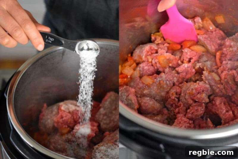 In the image on the left, a hand is sprinkling salt from a measuring spoon onto the Instant Pot Ground Beef Chili. In the image on the right a pink spatula is stirring the contents of Instant Pot ground beef chili.