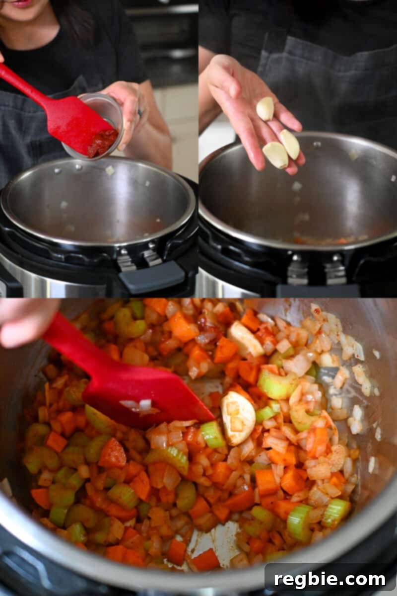 Adding tomato paste and garlic into an Instant Pot with diced carrots, onions, and celery inside,