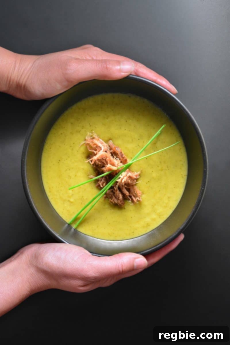 A person holding a bowl of vibrant green Instant Pot curried cream of broccoli soup, garnished with crispy Kalua pig, ready to be enjoyed.