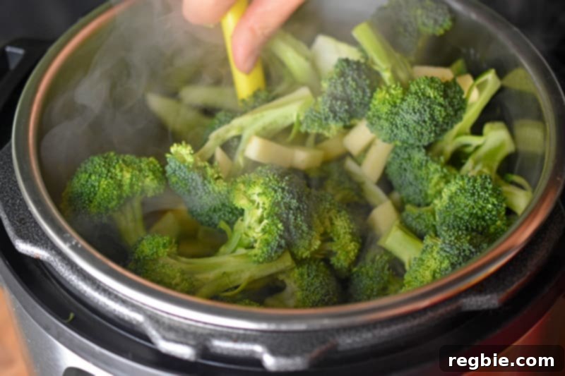 A spoon stirring the contents of the Instant Pot – broccoli, apple, leeks, and curry seasoning – ensuring everything is well combined before pressure cooking.